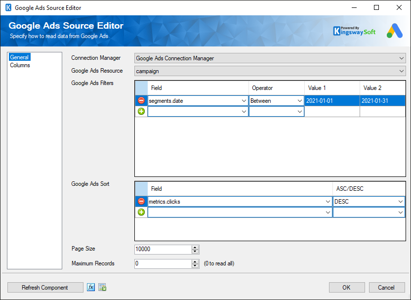 Google Ads Source Component - Google Ads API
